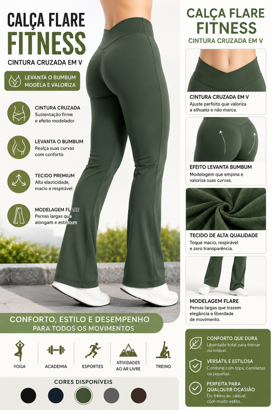 Calça Flare Fitness com Cintura Cruzada em V para Levantar o Bumbum, Ideal para Yoga, Esportes, Academia e Atividades ao Ar Livre. Calça de Pernas Largas para Treino.