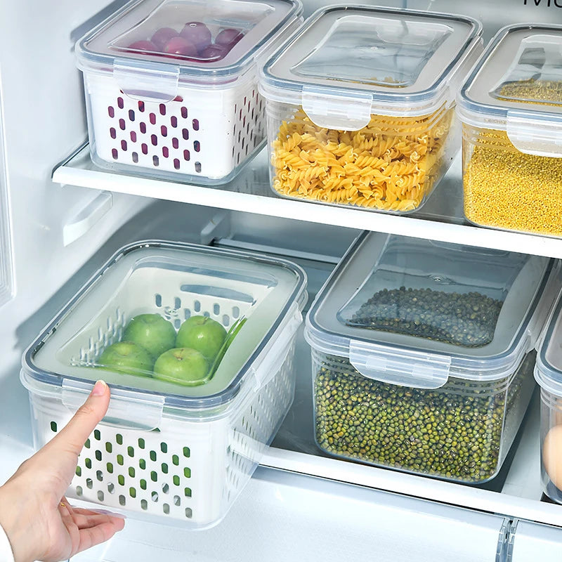 Cesto Organizador para Geladeira com Tampa e Escorredor Porta Frutas e Legumes Multiuso Premium