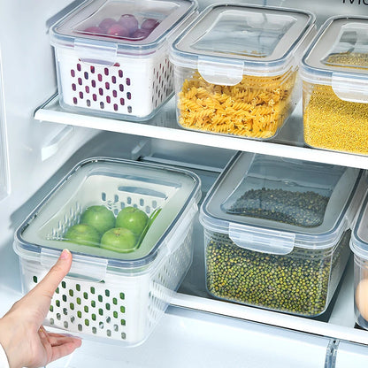 Cesto Organizador para Geladeira com Tampa e Escorredor Porta Frutas e Legumes Multiuso Premium