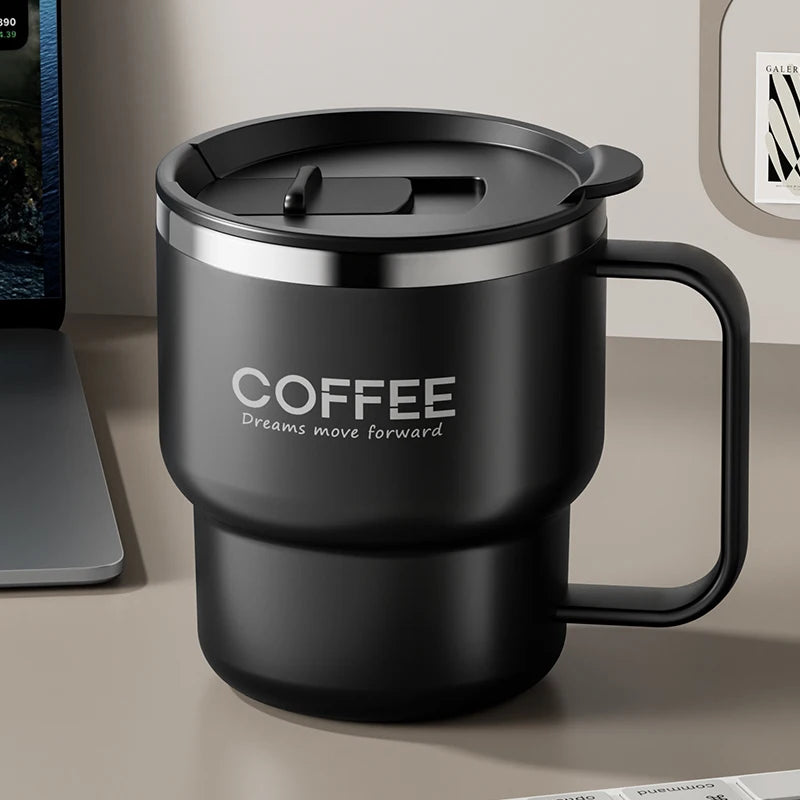 Copo Térmico Inox 304 com Alça Antivazamento Parede Dupla Café Água Leite Portátil 450ml