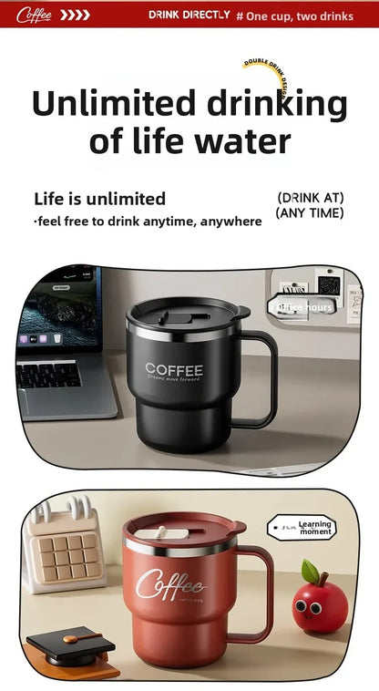 Copo Térmico Inox 304 com Alça Antivazamento Parede Dupla Café Água Leite Portátil 450ml