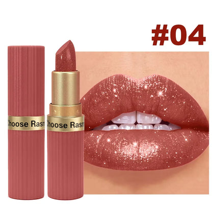Batom Veludo Glitter Rosa Perolado – Metálico, Matte e Shimmer Diamond, Longa Duração, À Prova d'Água