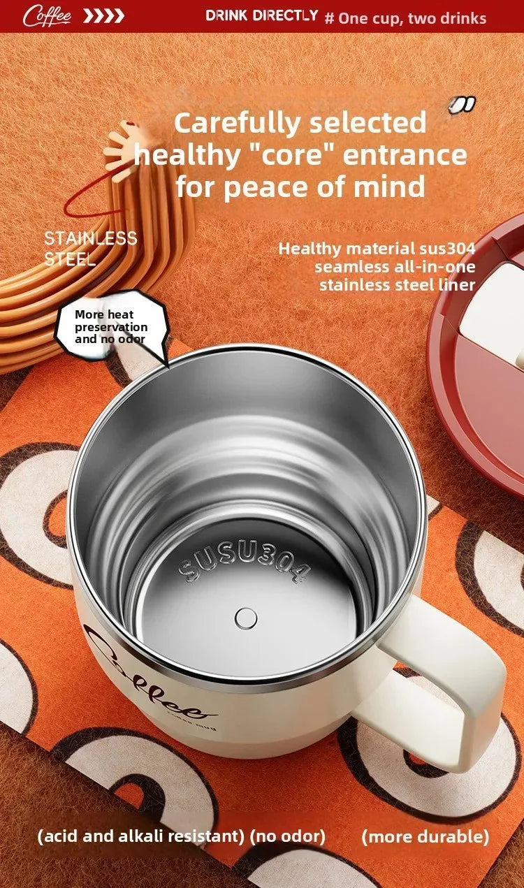 Copo Térmico Inox 304 com Alça Antivazamento Parede Dupla Café Água Leite Portátil 450ml