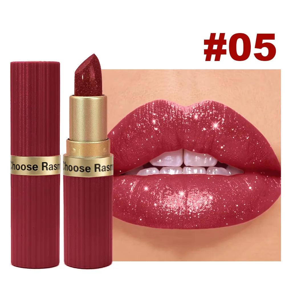 Batom Veludo Glitter Rosa Perolado – Metálico, Matte e Shimmer Diamond, Longa Duração, À Prova d'Água