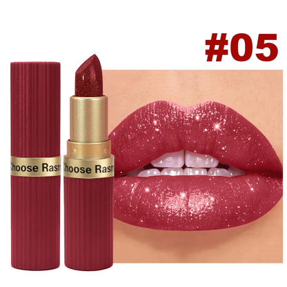 Batom Veludo Glitter Rosa Perolado – Metálico, Matte e Shimmer Diamond, Longa Duração, À Prova d'Água