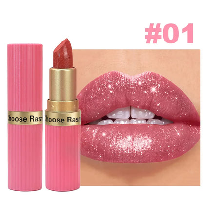 Batom Veludo Glitter Rosa Perolado – Metálico, Matte e Shimmer Diamond, Longa Duração, À Prova d'Água