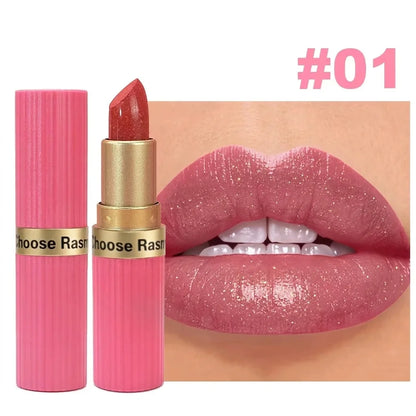 Batom Veludo Glitter Rosa Perolado – Metálico, Matte e Shimmer Diamond, Longa Duração, À Prova d'Água