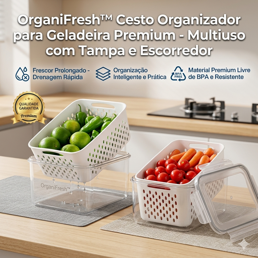 Cesto Organizador para Geladeira com Tampa e Escorredor Porta Frutas e Legumes Multiuso Premium